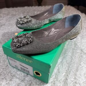 J. Renee Shoes 7W Dewport Pewter Dance Glitter Rhinestone Jewel Flats Wide Width